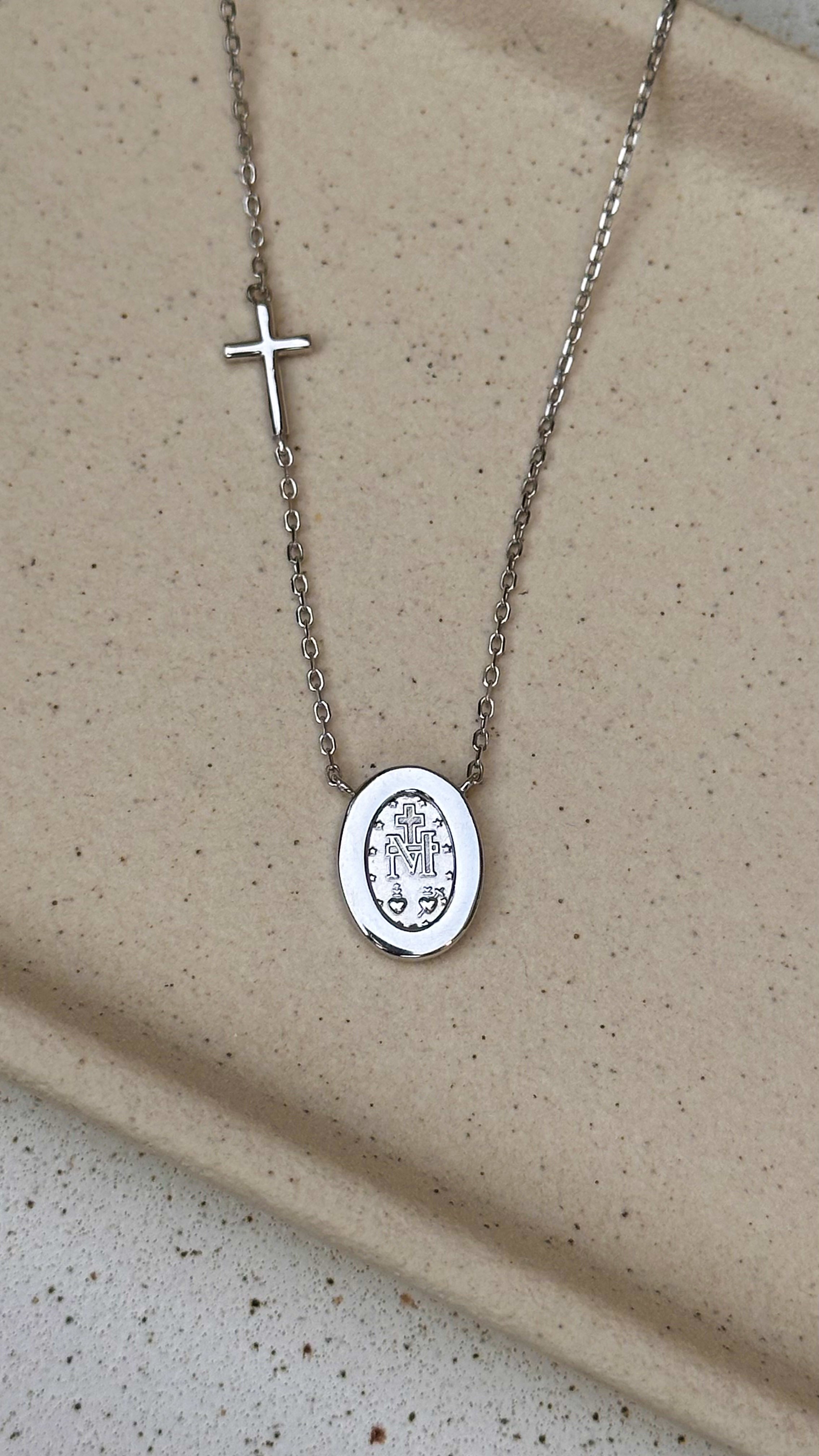 Colar Medalha Nossa Senhora com Cruz Moissanite Prata 925