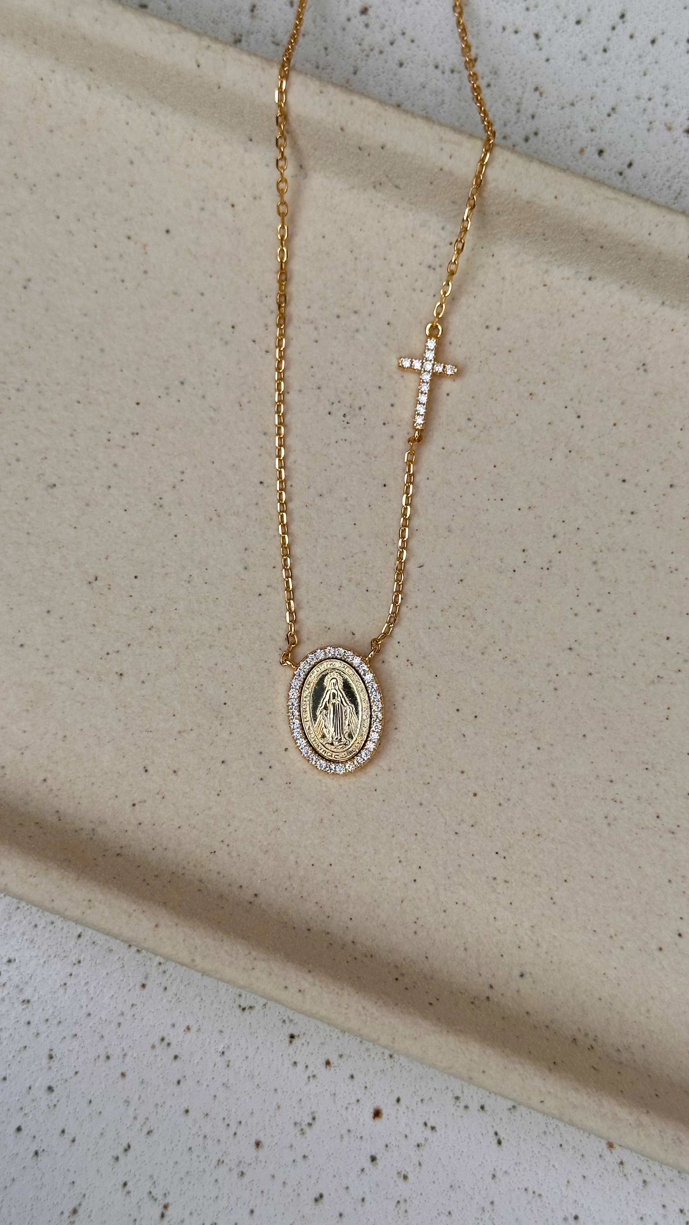 Colar Medalha Nossa Senhora com Cruz Moissanite Prata 925