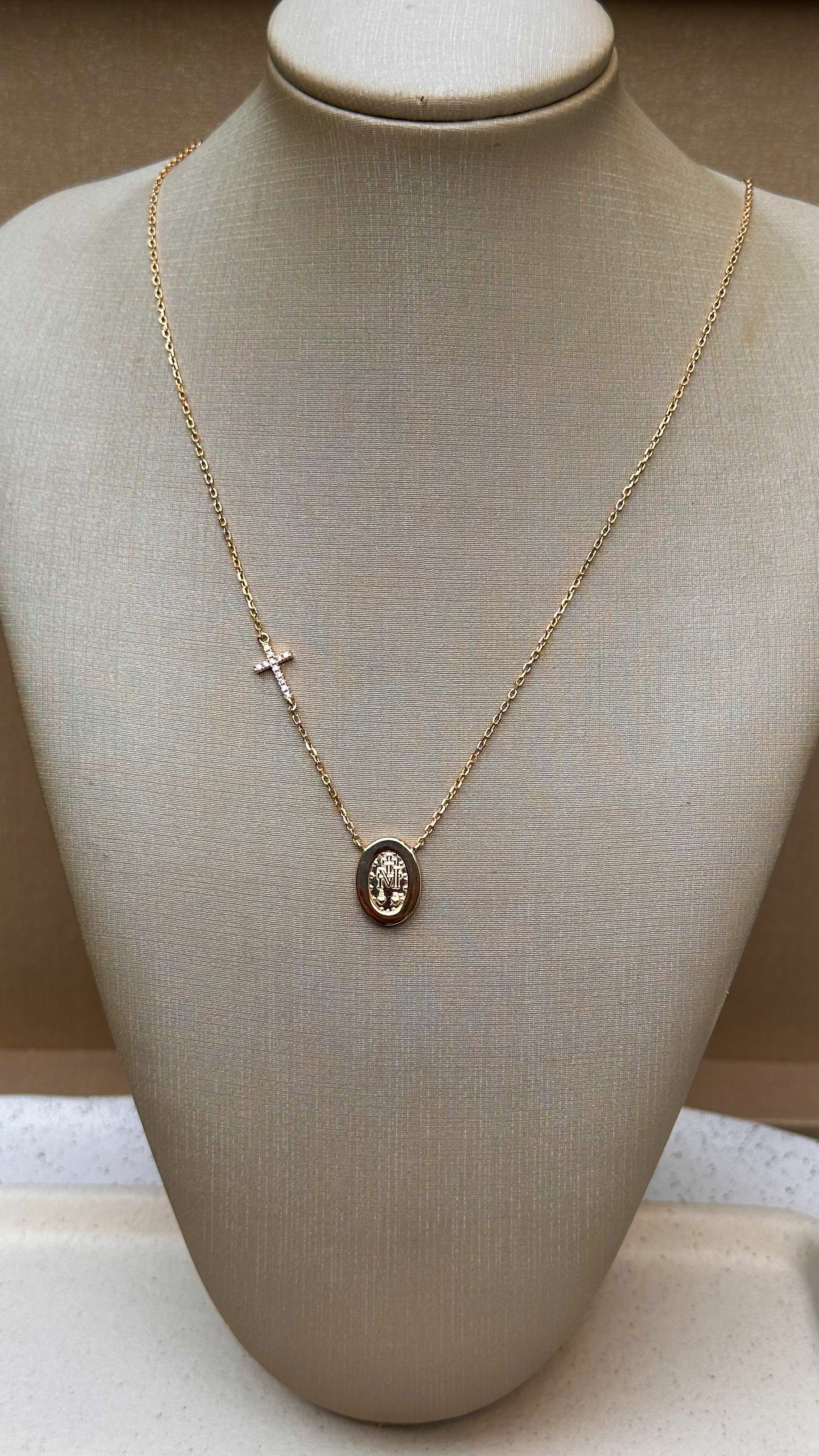 Colar Medalha Nossa Senhora com Cruz Moissanite Prata 925