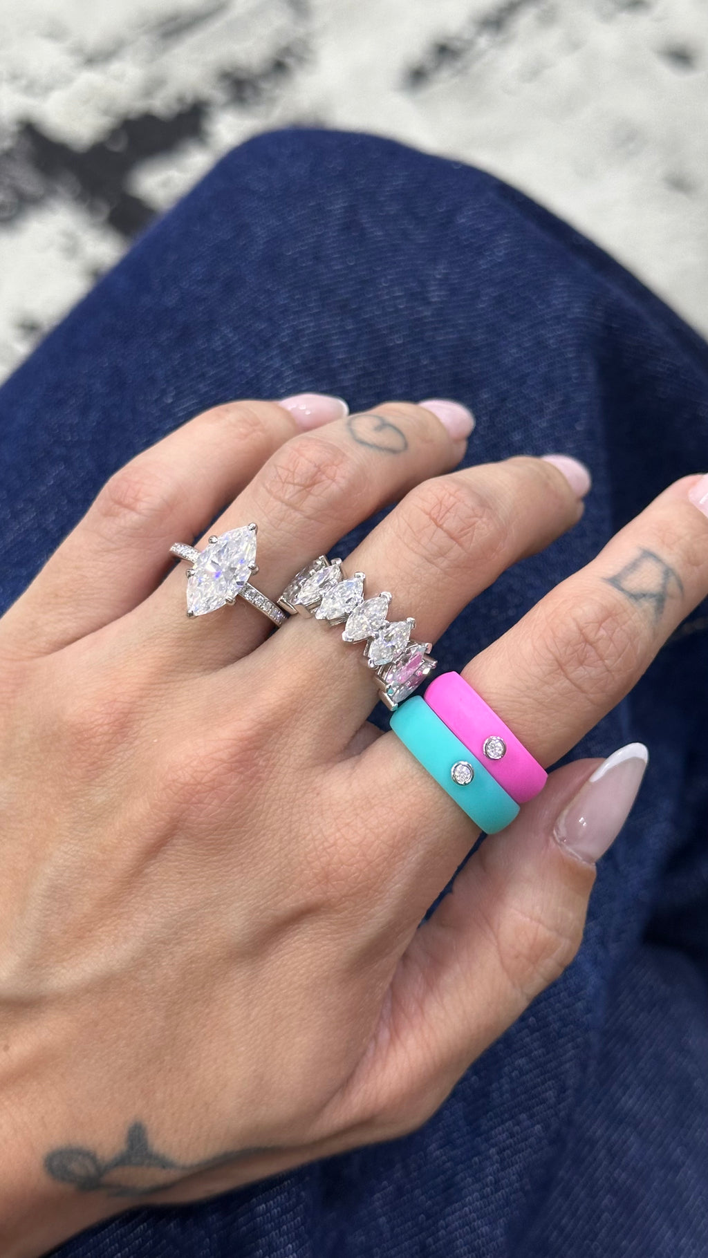 Anel Silicone Azul Turquesa Moissanite Prata 925
