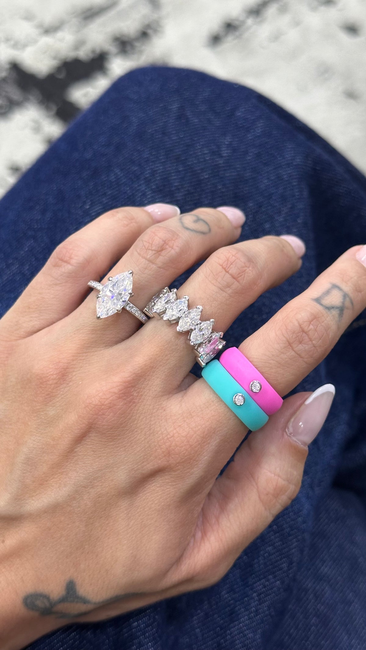 Anel Silicone Azul Turquesa Moissanite Prata 925