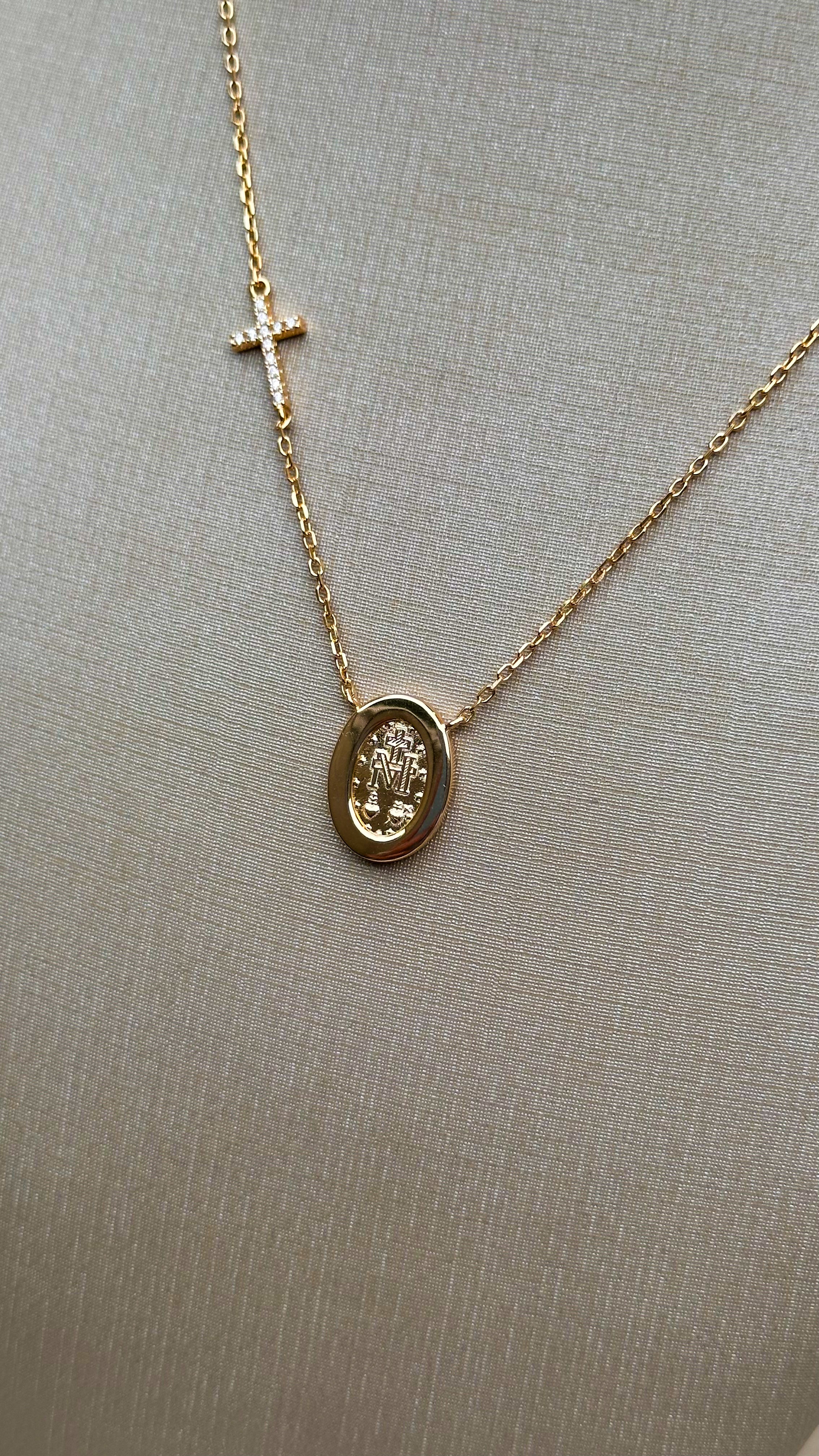 Colar Medalha Nossa Senhora com Cruz Moissanite Prata 925
