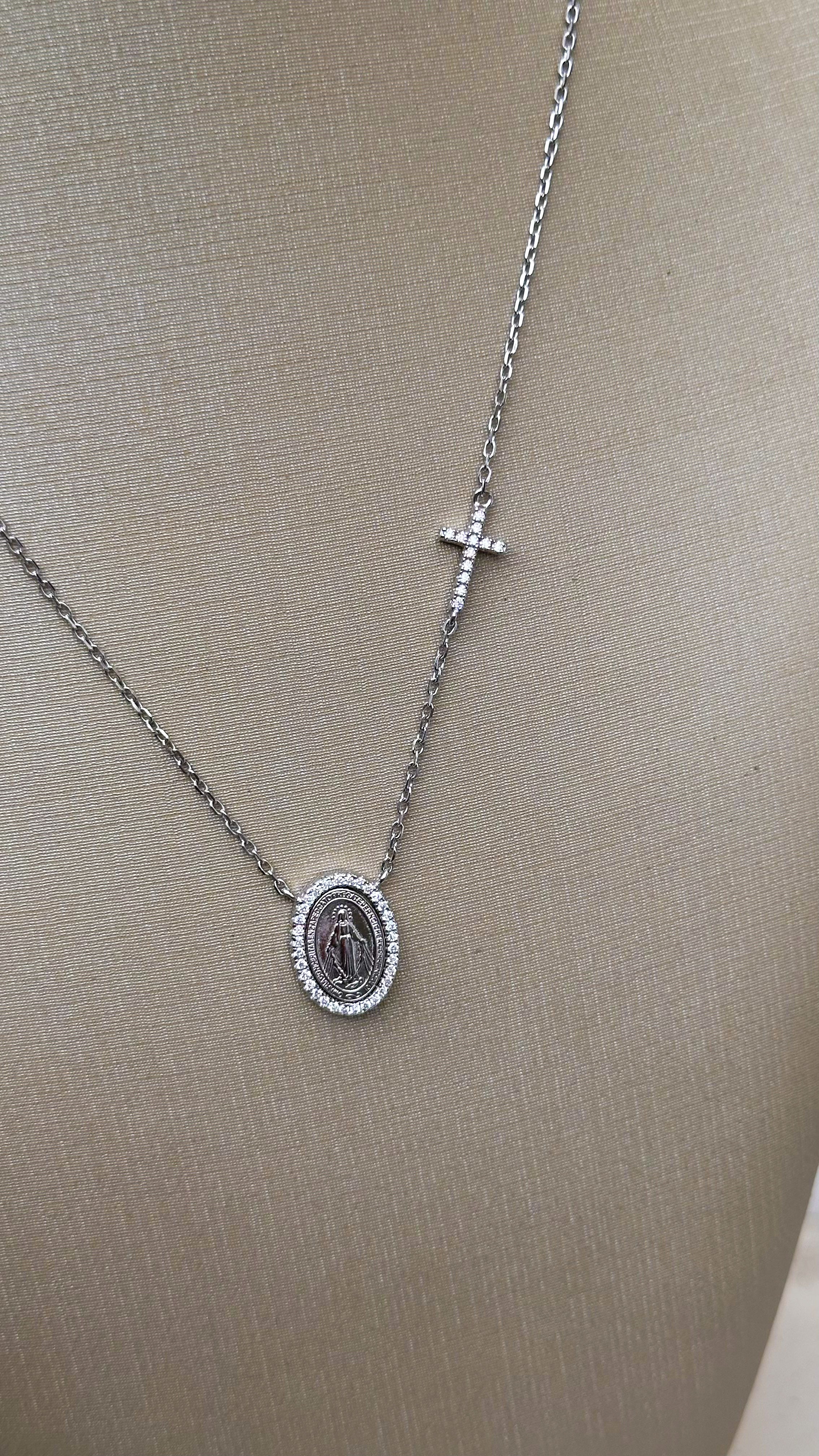 Colar Medalha Nossa Senhora com Cruz Moissanite Prata 925