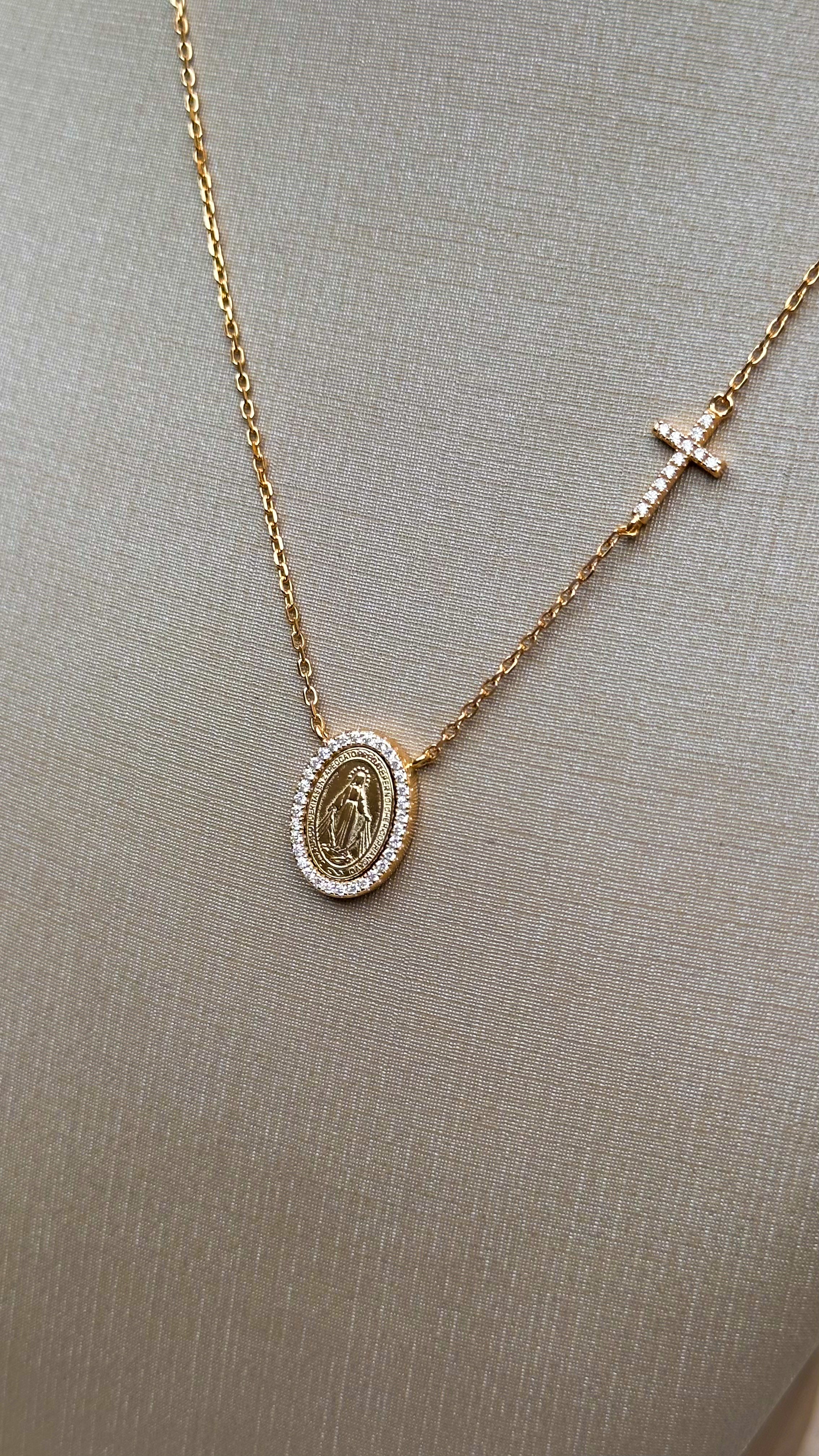 Colar Medalha Nossa Senhora com Cruz Moissanite Prata 925